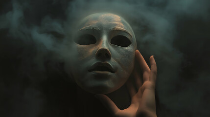 eerie halloween mask held by hand in misty dark atmosphere for haunting horror theme
