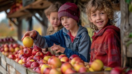 Fototapeta premium A family choosing fresh apples from a farm stand, children reaching for the best ones, joyful and lively scene