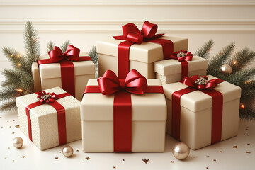 Obraz premium Beautifully wrapped Christmas presents with red ribbons, elegant wrapping paper and arranged beneath a festive tree with Christmas decorations