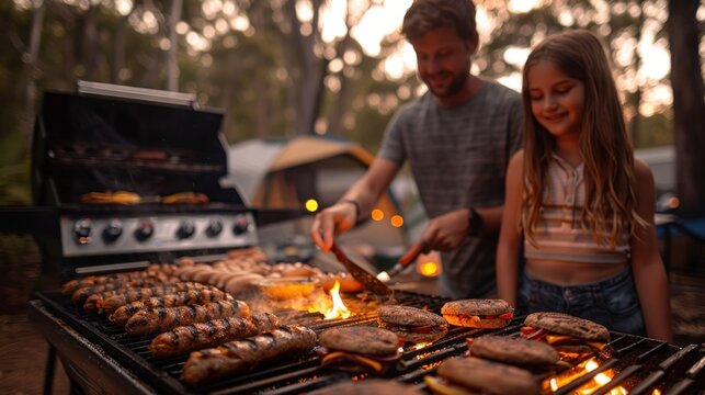 A family cooking together at a campsite, with children helping to chop vegetables and adults grilling burgers and hot dogs, all enjoying the outdoor cooking experience - Powered by Adobe