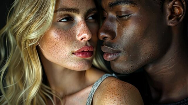 A woman with blonde hair and freckles looks at a man with dark skin, both close up and intimate