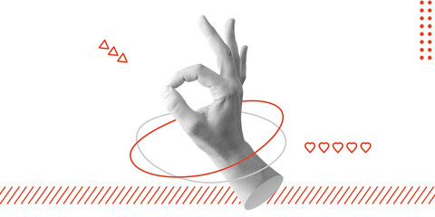 A hand forming an OK gesture, surrounded by abstract red lines and symbols, representing approval,...
