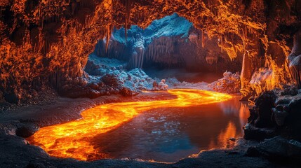 A mesmerizing lava flow illuminated in a dark cave, showcasing the brilliant contrast of fiery orange against cool blue rock.