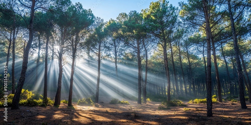 Poster sunbeams shining through the trees in a forest.