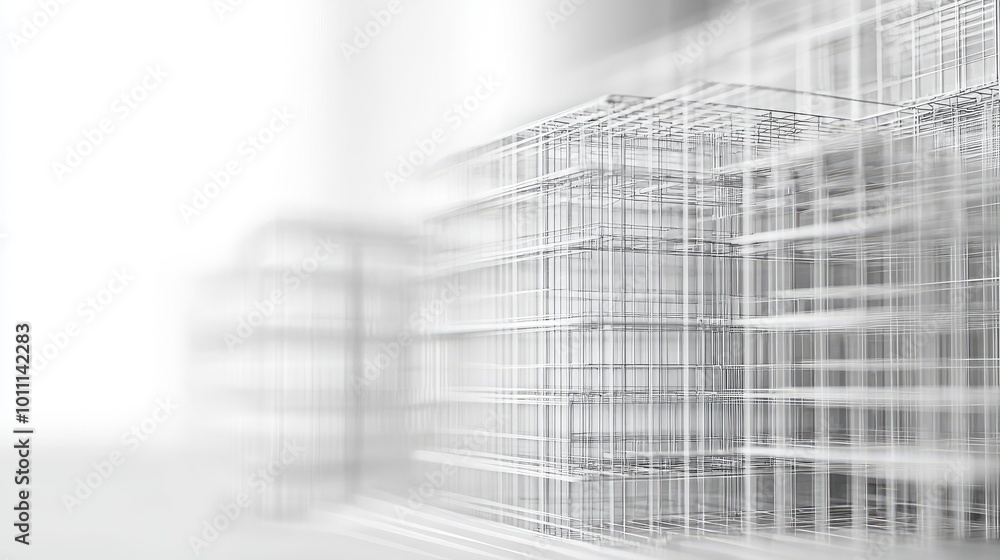 Poster a minimalist architectural design featuring abstract wireframe structures in a soft, blurred backgro