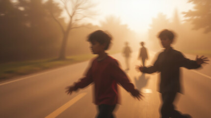 Blurred contours of children against the background of a foggy road creates a mystical atmosphere