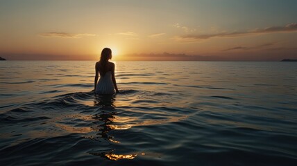 Fototapeta premium A woman in a white dress walks into the ocean at sunset. The sun is setting behind her, creating a beautiful silhouette.