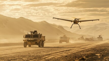 Fototapeta premium A military convoy maneuvers through a rugged landscape as a drone flies overhead during a dusty sunset.