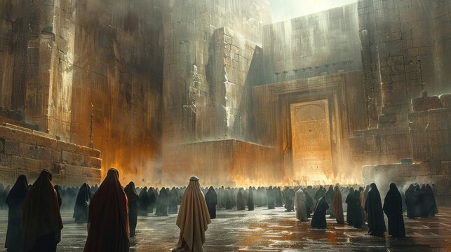 A group of people praying at the Western Wall in a synagogue, with men wearing tallit and tefillin