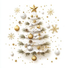 **Merry Christmas and Happy New Year Holiday white banner illustration. Xmas design with realistic 3d objects, christmas tree, golden christmass ball, snowflake, glitter gold