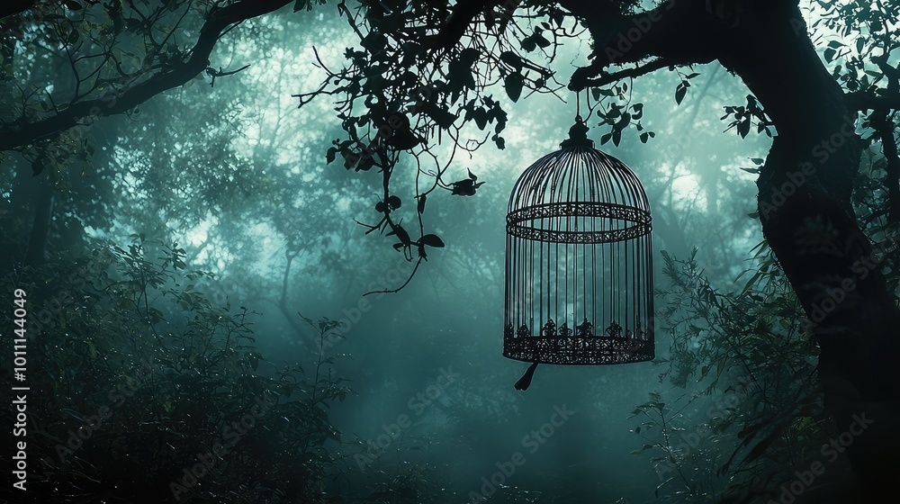 Poster a mysterious forest scene featuring an empty birdcage hanging from a tree, enveloped in mist and sha