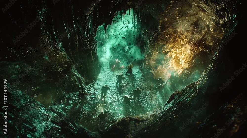 Poster a mystical cave filled with shimmering emerald and gold lights, creating an otherworldly atmosphere 
