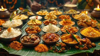 A group of people enjoying a festive Onam Sadhya (feast) served on a banana leaf, featuring a variety of traditional dishes