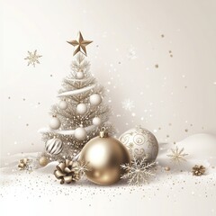 **Merry Christmas and Happy New Year Holiday white banner illustration. Xmas design with realistic 3d objects, christmas tree, golden christmass ball, snowflake, glitter gold