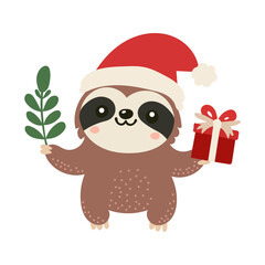 Sloth in Santa hat holding Christmas gift and holiday greenery. Cute vector illustration for Christmas cards, invitations and seasonal decor in flat cartoon style. Isolated on white background.