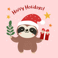 Adorable sloth in Santa hat holding Christmas gift and holiday greenery with 