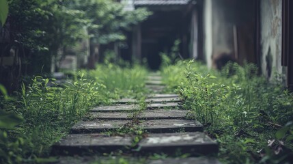 A path of stone slabs surrounded by lush green grass, leading through an abandoned area filled with nature's reclaiming touch.