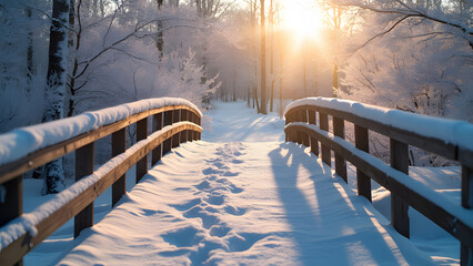 Snowy, wooden bridge in a winter day. Stare Juchy, Poland