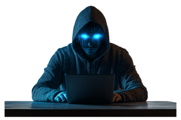 Cyber Hacker with Blue Glowing Eyes Wearing a Hoodie Isolated on Transparent Background.