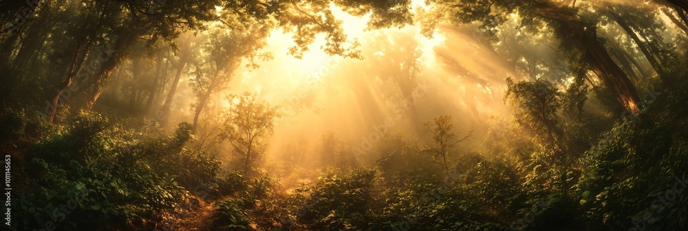 Poster sunbeams stream through the dense foliage of a misty forest, creating a magical and ethereal atmosph