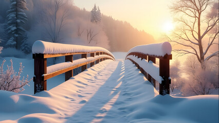 Snowy, wooden bridge in a winter day. Stare Juchy, Poland