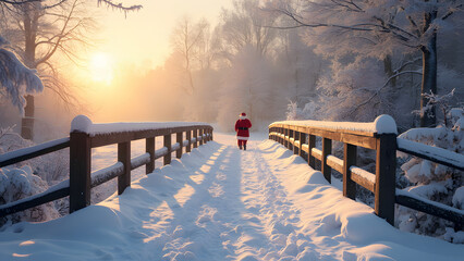 Snowy, wooden bridge in a winter day. Stare Juchy, Poland