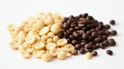 Fototapeta premium A close-up of light and dark coffee beans on a white background.