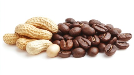 Naklejka premium A collection of raw peanuts and roasted coffee beans arranged together.