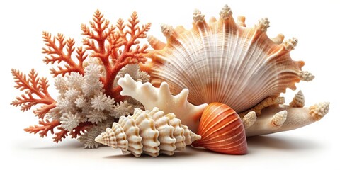 Obraz premium Beautiful Sea Shell and Coral Composition Isolated on White Background for Coastal, Beach and Nature Themes