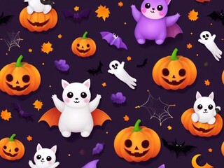 Fototapeta premium Halloween poster pattern background with a cute cartoon characters. Happy Halloween day 2024 banner design