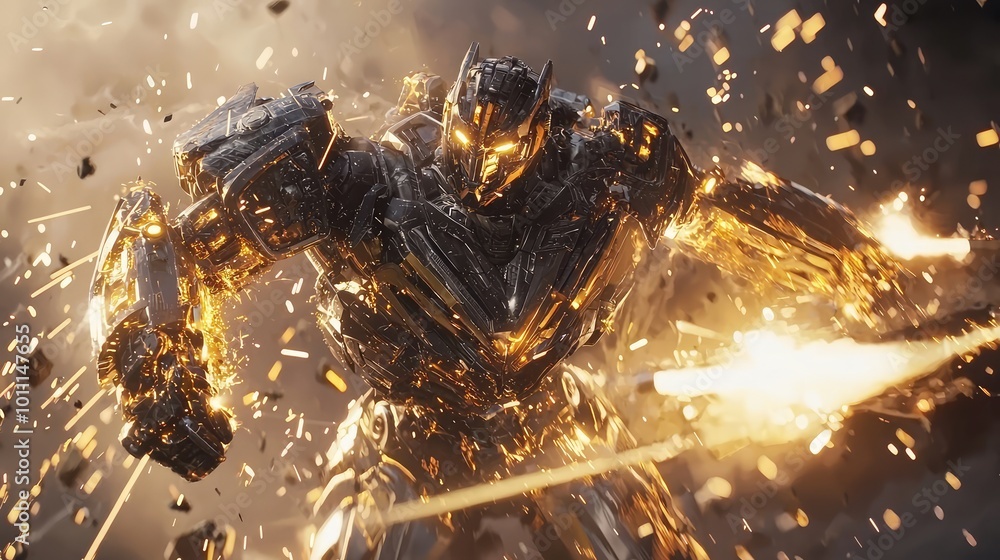 Poster a powerful robot emerges from a fiery explosion, showcasing intricate metallic details and dynamic a