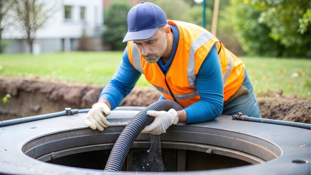 Man Cleaning Septic Tank for Sewage Removal and Maintenance Service






