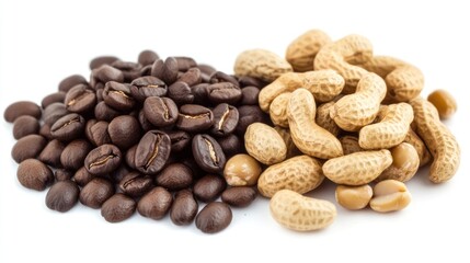 Naklejka premium A close-up of roasted coffee beans and raw peanuts, highlighting their textures and colors.