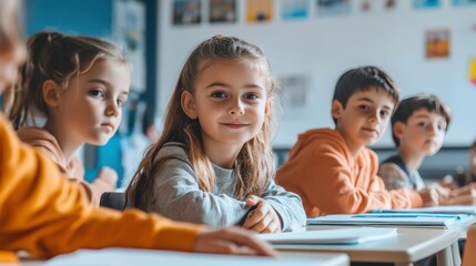 primary elementary school group of children studying in the classroom. learning and sitting at the desk. young cute kids smiling, high quality photo