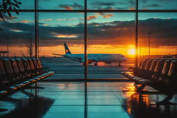 Departure Ready Airplane in Airport Terminal Blurred Background Perfect for Text