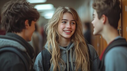Obraz premium group of young high school students standing near locker in campus hallway talking during break