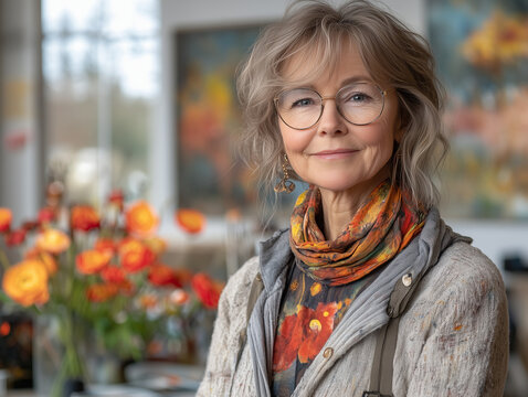 Middle-Aged Woman Painting in Her Studio