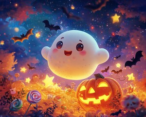 Naklejka premium Friendly Floating Ghost in a Whimsical Halloween Scene