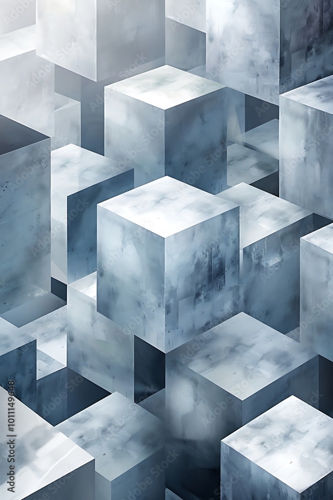 Poster an elegant grey abstract background featuring a dynamic composition of cubic shapes, evoking a sense
