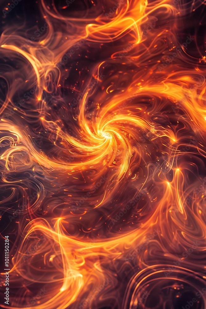 Poster fiery swirling patterns in motion: a vivid display of dynamic energy set against a mysterious abstra