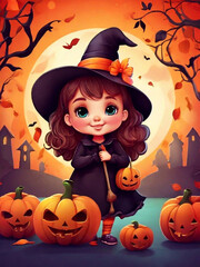 Cute cartoon Halloween witch with wizard hat. Pumpkim scary smile. Halloween day poster card design	