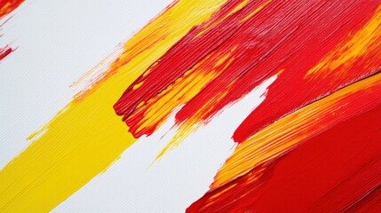 Abstract painting featuring bold strokes of red and yellow on a white background.