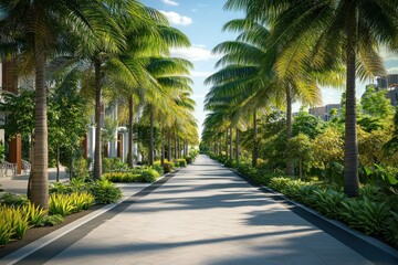 Fototapeta premium Serene Palm-Lined Walkway in Modern Architectural Setting