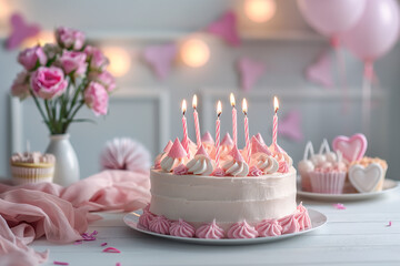 White birthday cake with pink frosting and candles on rustic wooden table, surrounded by pastel pink balloons for a joyful celebration.