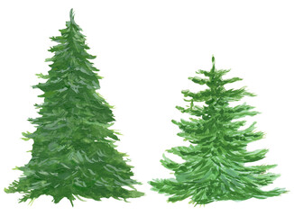 Green Christmas Tree Set Isolated White Background Handmade Drawing Gouache Illustration With White Background