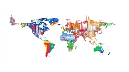 Obraz premium A colorful world map featuring iconic landmarks from various countries.