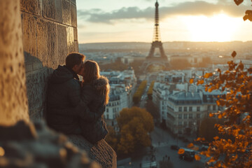 loving couple kissing on Eiffel Tower background,