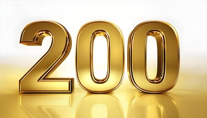 3D gold number 200 on reflective surface, metallic and shiny, anniversary celebration