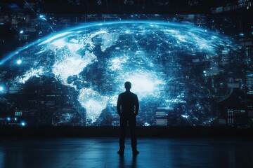 Fototapeta premium Man Silhouette Before Stunning Digital Earth Projection