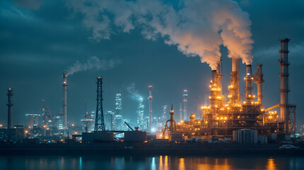 Fototapeta premium Industrial refinery at night with illuminated towers and smoke emissions